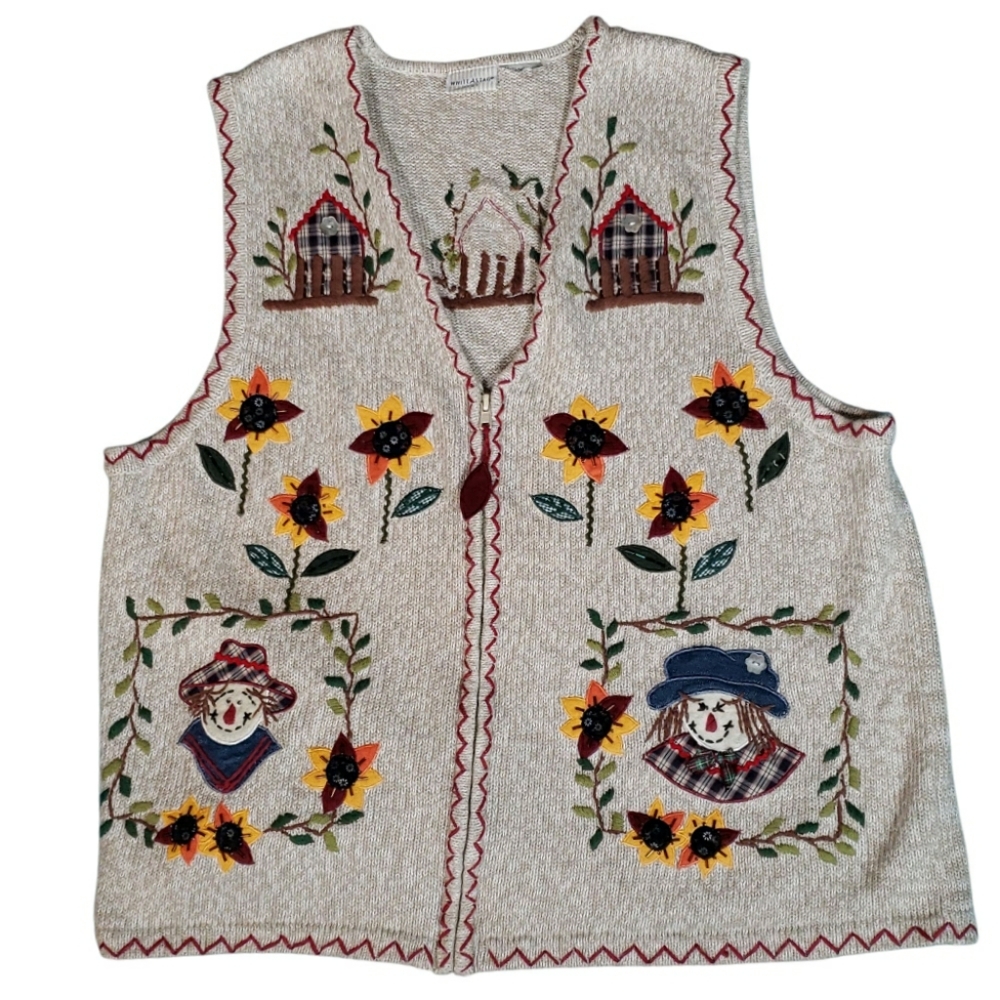 Vintage Ugly Folk Sweater Vest Country Autumn Embroidered Applique Beads Plus